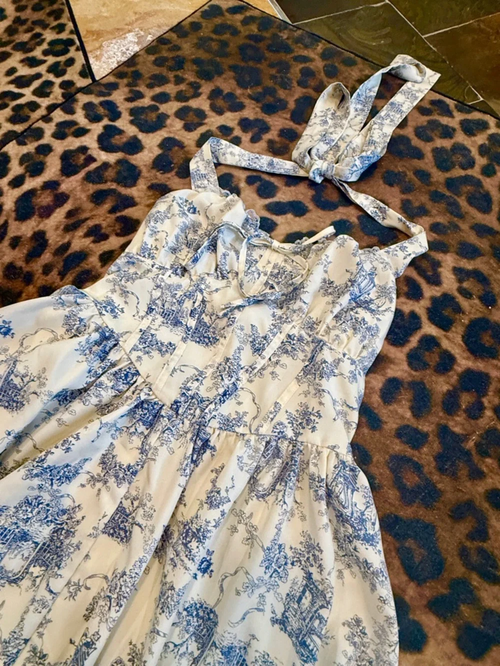 Light Cream & Blue Toile Halter Maxi Dress - Picture 2 of 6